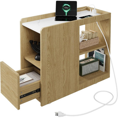 Buffet mobile avec station de charge - armoire de table de chevet en chêne blanc, tiroir et tablette à 3 niveaux, USB / Type-C, roues verrouillables pour la salle à manger, la chambre à coucher