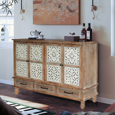 59.06" Chic Natural Wood Accent Cabinet, 4 Doord 3 Drawers Sideboard Buffet With Adjustable Shelves, Stylish Storage For Living Room, Kitchen, And Dining, Easy Assembly, Durable MDF