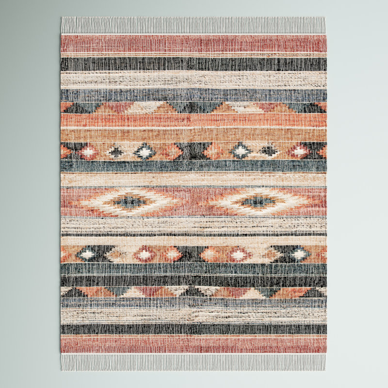 Friley Southwesten Flatweave Jute/Cotton Blue/Rust Area Rug, Rectangle 4' x 6'