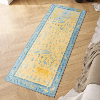 Machine Washable Boho Animal & Floral Area Rug Non-Slip Backing Blue/Beige/Pink Carpet for Living Room, Bedroom, Kids Room, Nursery