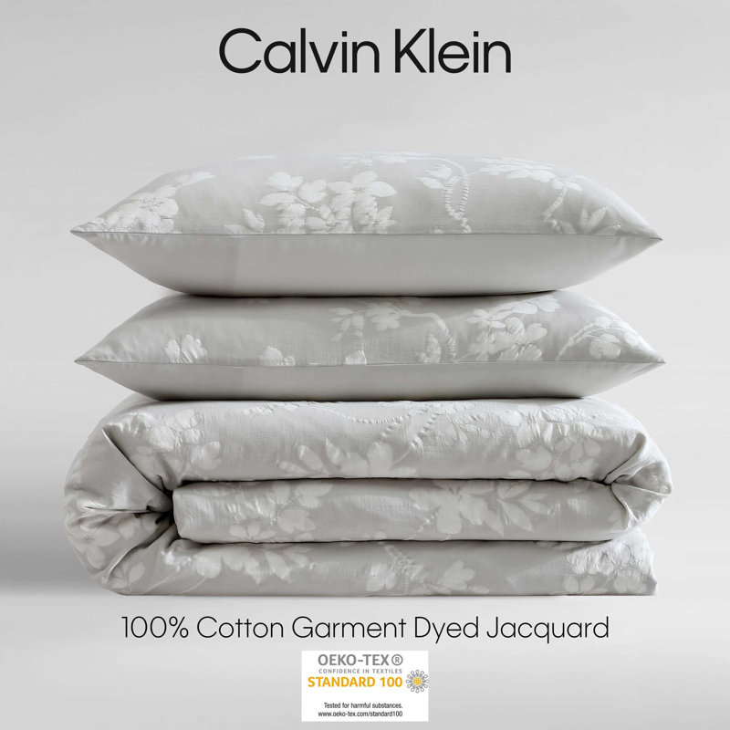 Ensemble de housse de couette Calvin Klein, Motif floraux gris, Housse de couette pour grand lit et 2 taies décor