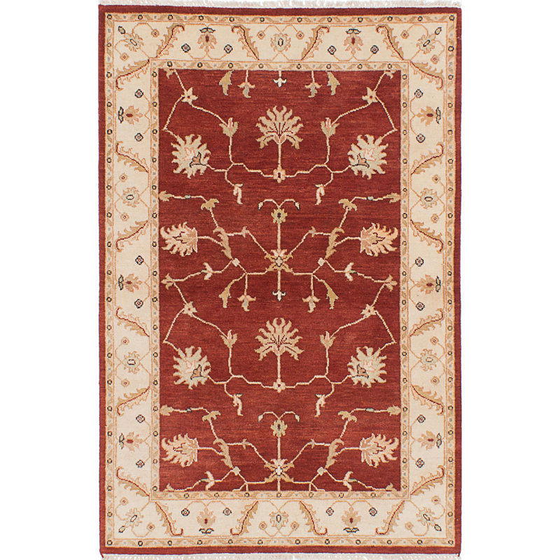Tapis de zone en laine rouge/ivoire 4 pi x 6 po à la main one-of-kind noué la Kalyssa