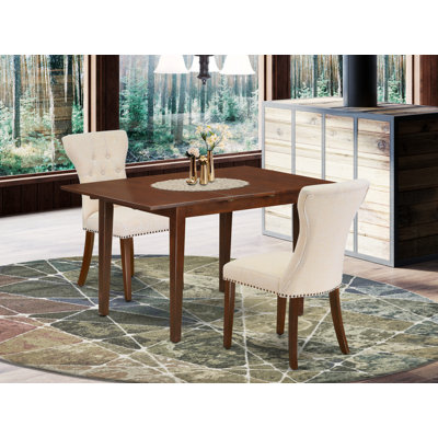 3 Piece Kitchen Table Set Contains a Rectangle Dining Room Table with Butterfly Leaf and 2 Light Beige Linen Fabric Parson Chairs, Mahogany