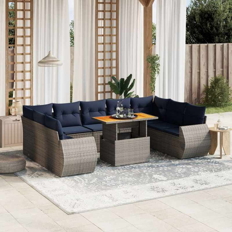  10 Piece Patio Sofa Set With Cushions Poly Rattan, Gray, Blue