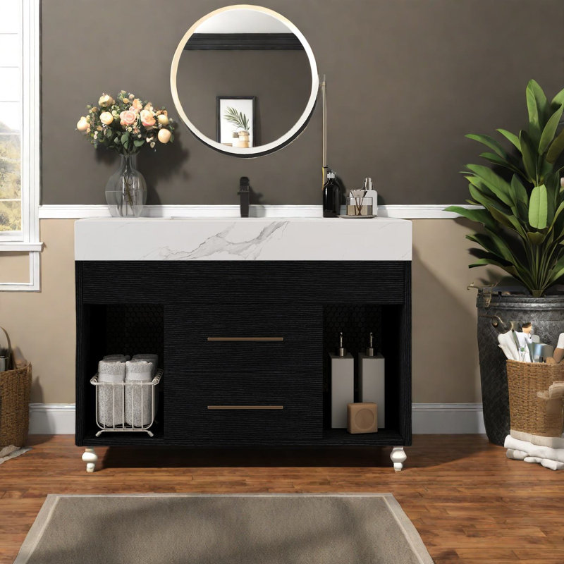 Meuble-lavabo moderne et peu encombrant avec lavabo en céramique, design noir et blanc pour petits espaces