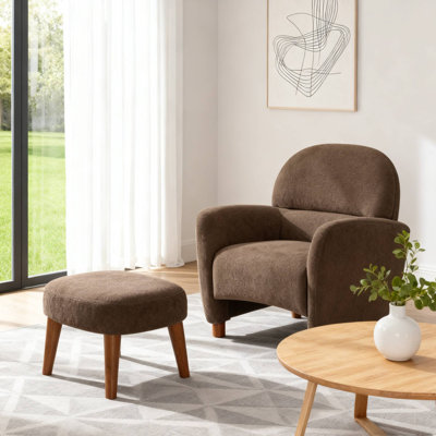  Modern Lounge Accent Chair with Ottoman, Upholstered Armchair and Footrest Set, Cute Reading Leisure Sofa Chair for Living Room and Bedroom, Brown