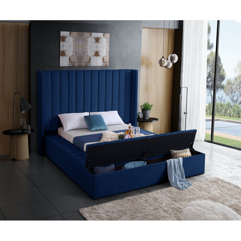 Rick Upholstered Wingback Bed, Full, Navy Velvet