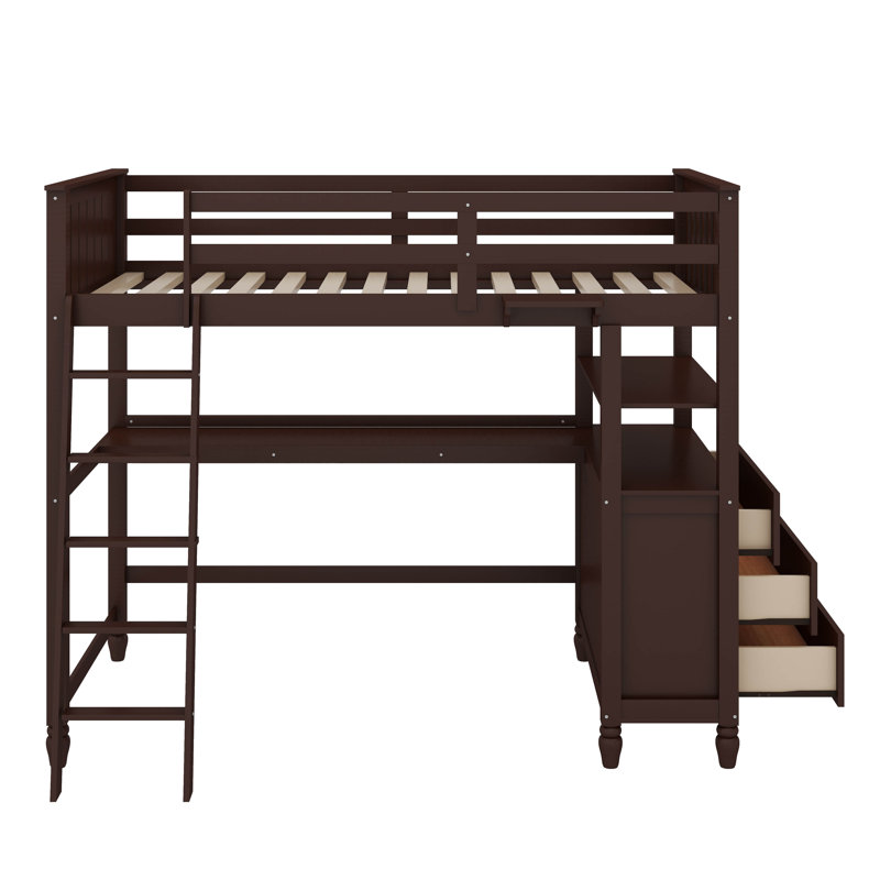Lit mezzanine avec tiroirs, bureau et tablettes, Simple, Espresso