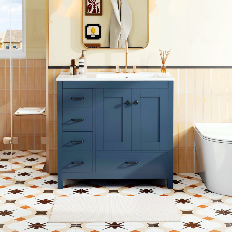 Meuble-lavabo de 36 po avec lavabo en céramique, 2 portes à fermeture en douceur et 5 tiroirs, bleu, Bleu