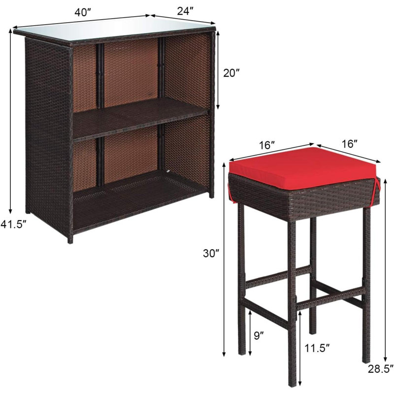 Ensemble de bar avec cadre en fer et osier Topbuy, Rouge, H 41,5 po x l 24 po x P 40 po