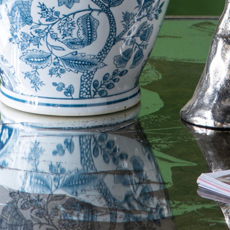 Grande table de salle à manger en miroir avec un élégant motif floral et une finition argentée