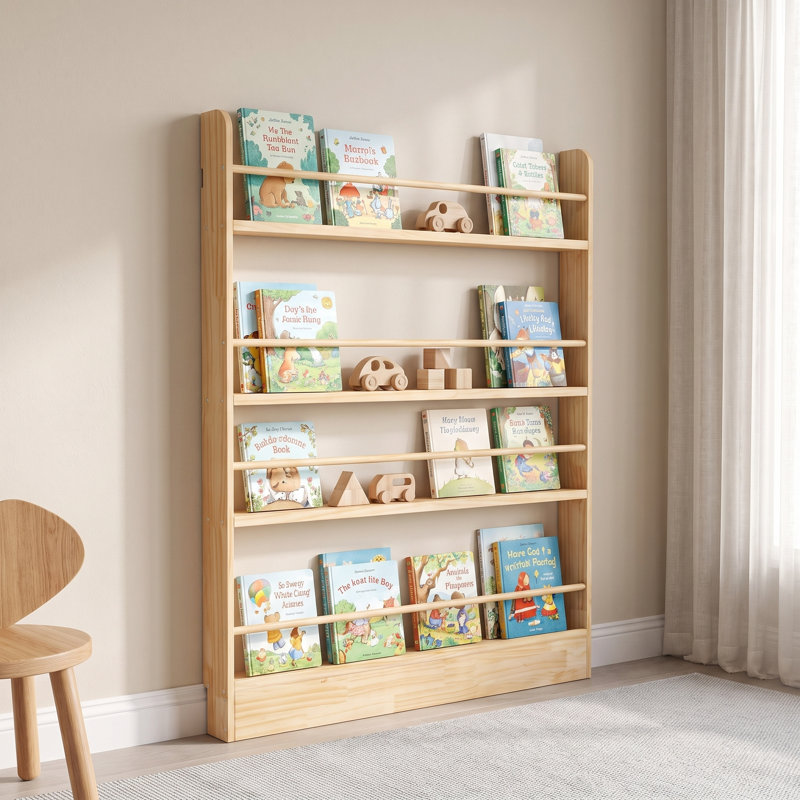 Wall Bookshelf, 38"W x 47"H, 4-Tier Unfinished Pine, Slim Floating Shelf for Kids' Rooms, Natural Wood