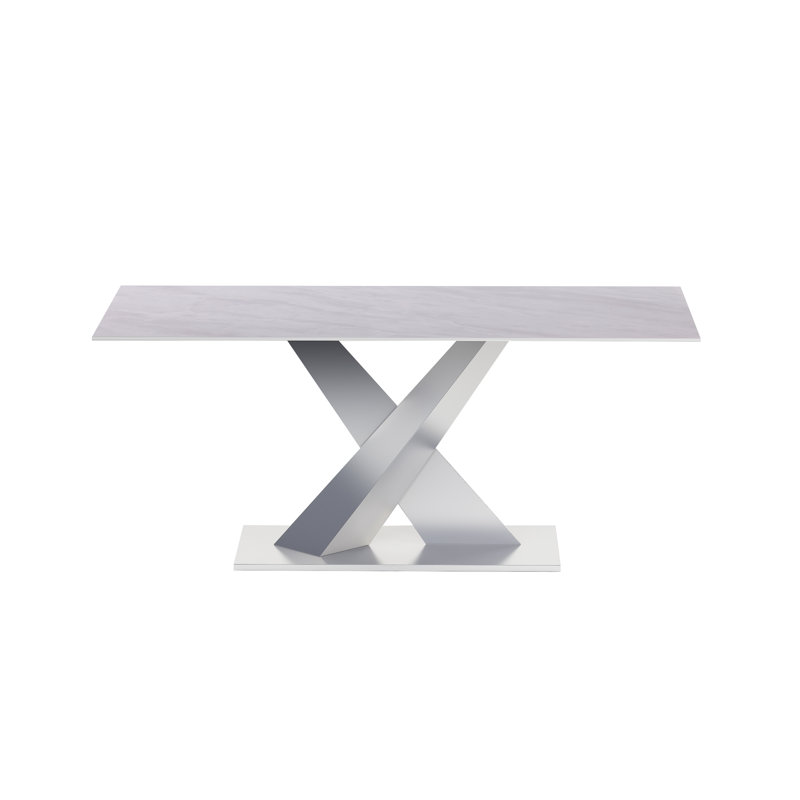 Contemporary White Sintered Stone Dining Table with Steel Base