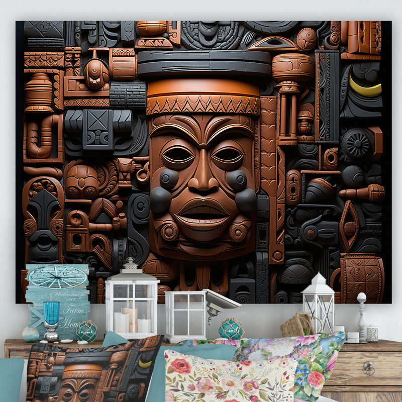 Masque africain brun et noir à motif de Kuba - Masque africain grand art mural, Toile tendue, H 34 po x l 44 po x P 1,5 po