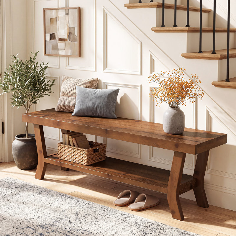 Banc en bois massif de 55 pouces, banc d'entrée avec rangement pour chaussures