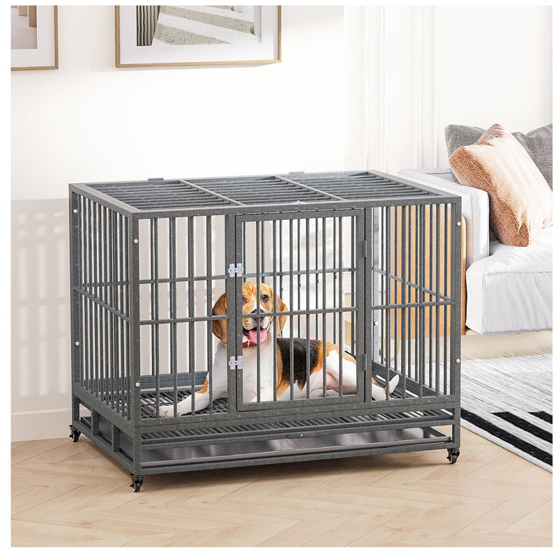 Large Gray Rolling Metal Dog Crate with Double Doors
