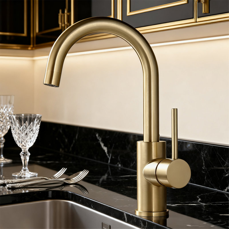 CALBASE Single Handle Single Hole Stainless Steel Kitchen Faucets for Sink Brushed Gold Hot and Cold Water valve 360° degree rotation with Aerator, Bar Faucets