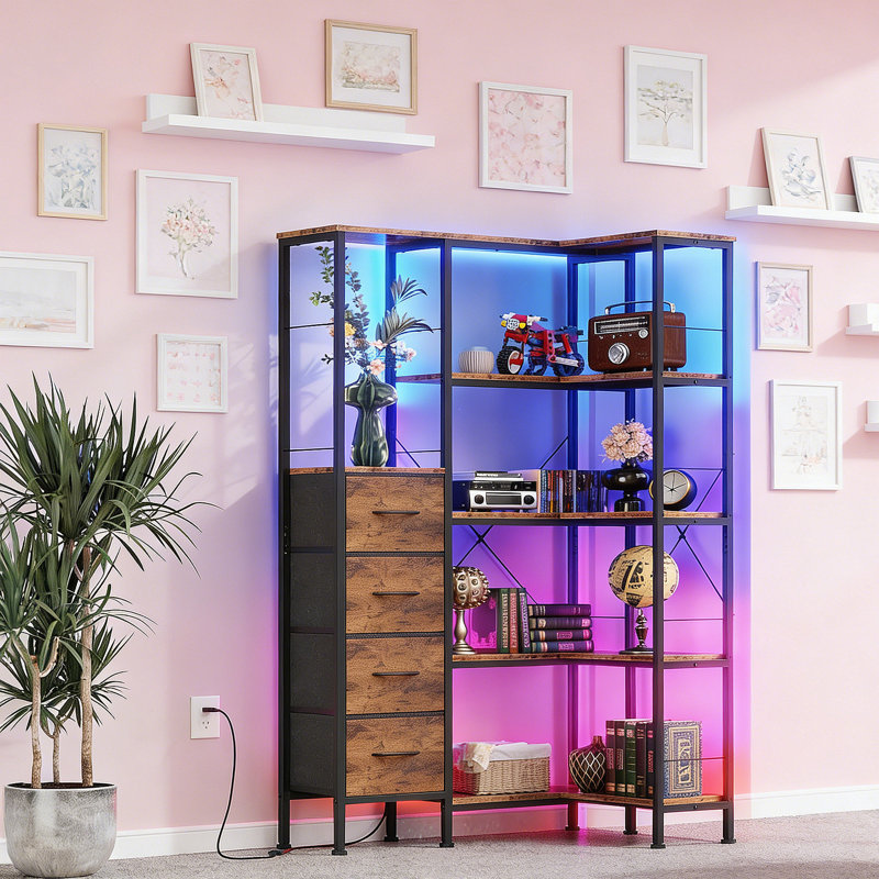 6-Shelf Erwin With LED Lights & 4 Fabric Drawers - L-Shaped Industrial Bookcase With USB Color-Changing Strips, Space-Saving Storage For Living Room, Bedroom & Office