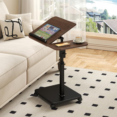C Shaped Table, 22.8 Inch Mobile TV Tray Overbed Table with Adjustable Height, Walnut