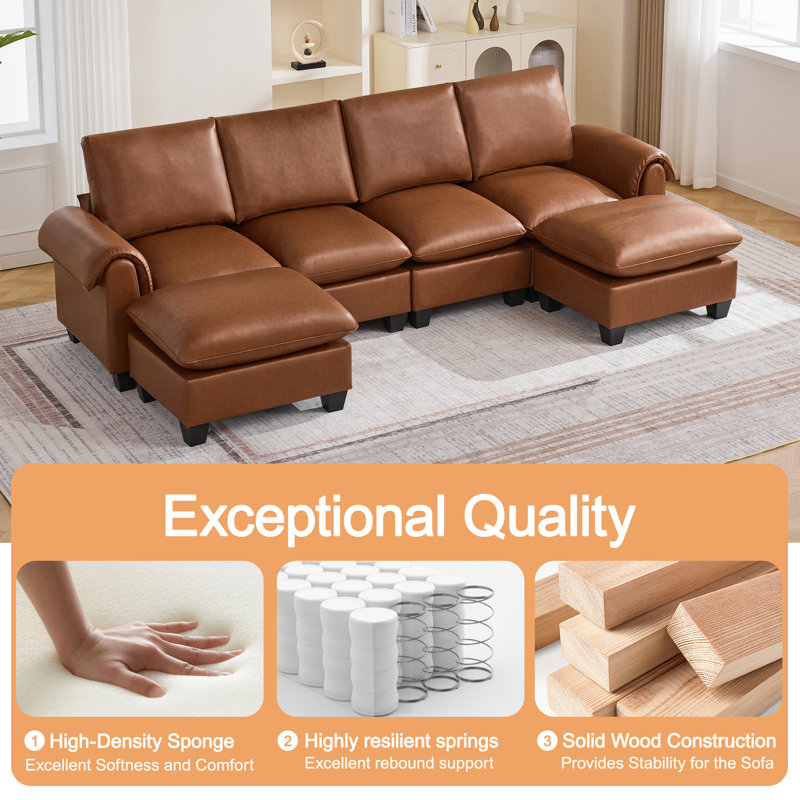  118" Faux Leather Modular U Shape Sectional Sofa with 2 Ottomans, Brown Faux Leather