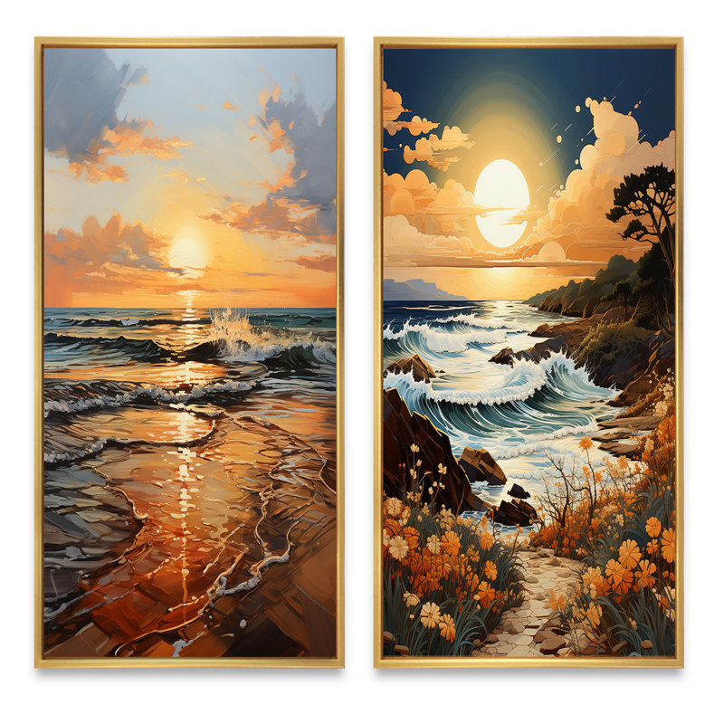 Lever de soleil bleu sarcelle orange sur la plage «Lever de soleil bleu sarcelle orange sur la plage» - 2 pièces