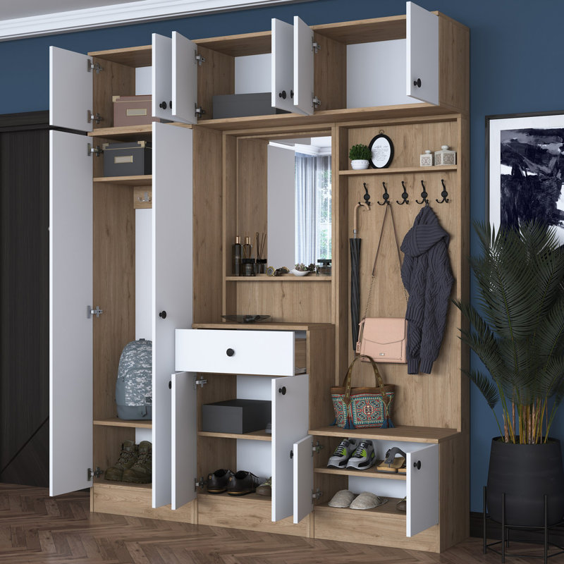 Arbre d'entrée 5-en-1 avec miroir, rangement pour chaussures et portemanteau