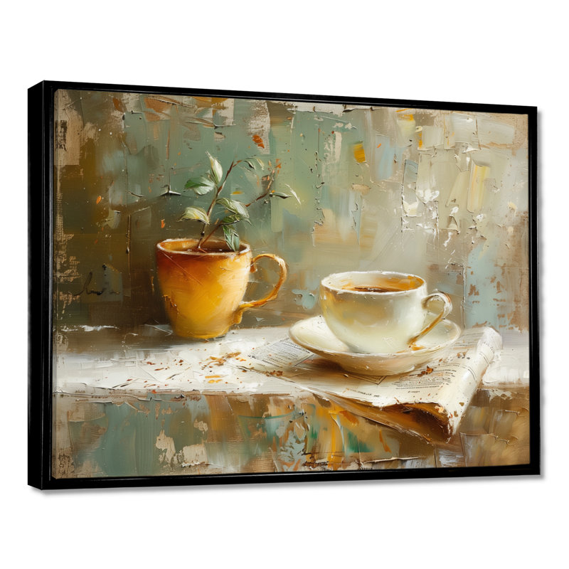 Tasse de café blanche et beige blanche - Art mural café, Cadre flottant noir, H 16 po x l 32 po
