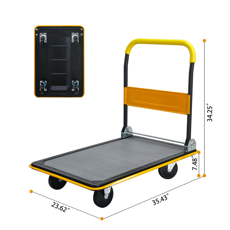 Heavy Duty Flatbed Cart 660lbs Capacity - Foldable Platform Hand Truck with 360° Swivel Mute Wheels for Warehouse Loading & Storage, Yellow Steel Utility Dolly