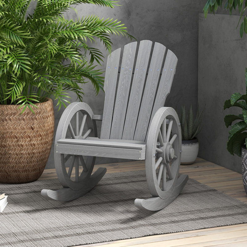 Wooden Rocking Chair, Adirondack Rocker Chair W/ Slatted Design And Oversized Back, Gray