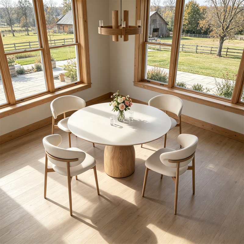 White round stone slab dining table, 29.53" H x 47.24" L x 47.24" W