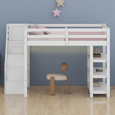 Lit mezzanine multifonctionnel avec tablettes intégrées, escalier de rangement, garde-robe compacte et système d'éclairage à DEL