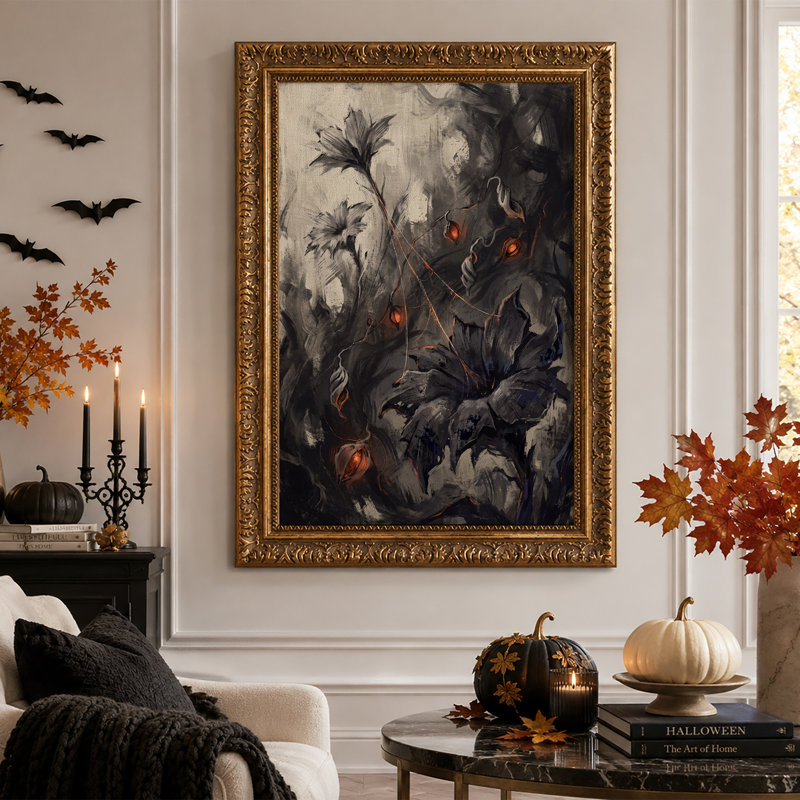 Toile murale d'Halloween avec des fleurs abstraites gris foncé et des reflets orange., H 30 po x l 20 po