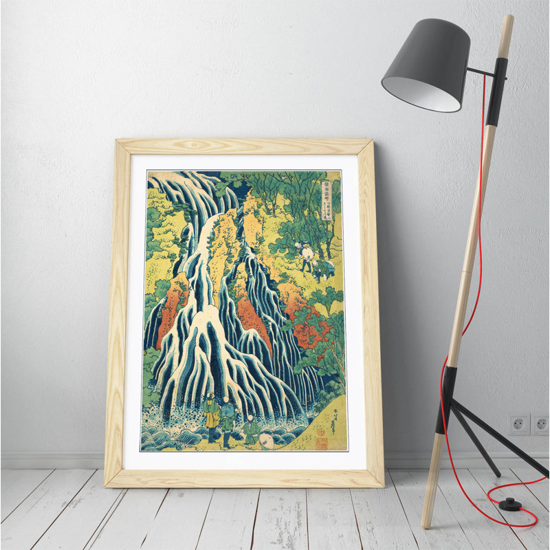 Hokusai Kirifuri Waterfall Picture Japanese - Single Picture Frame Painting on Canvas, White Frame, 35cm H x 26cm W x 2cm D 