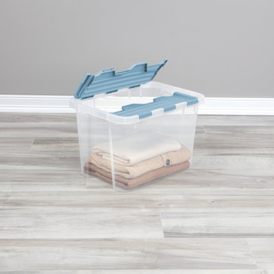 Sterilite 30 Qt Hinged Lid Storage Box, Plastic Container, Washed Blue, 24 Pack