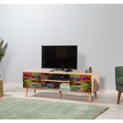 Meuble télé moderne avec pieds charme, finition chêne Sonoma, 55,1 po x 19,7 po x 15,7 po | 100% panneau de particules enduit de mélamine, revêtement UV | Plusieurs tablettes, fixation murale, rangement supplémentaire | Design scandinave