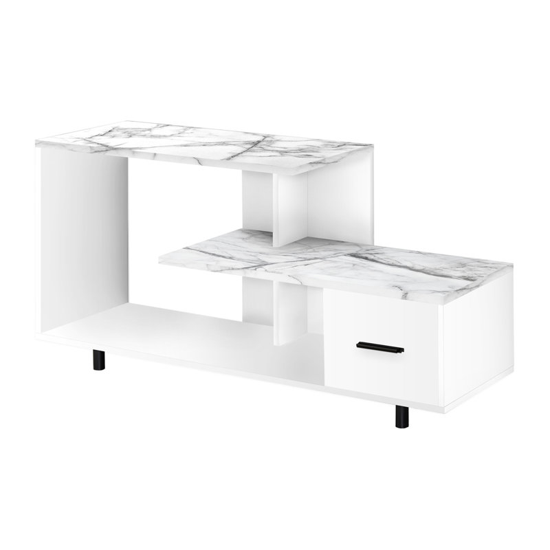 48 Inch Tv Console, White Marble Look Surface Pattern And Storage Functionality For Bedroom & Living Room Contemporary Stand, Texture Design Facility