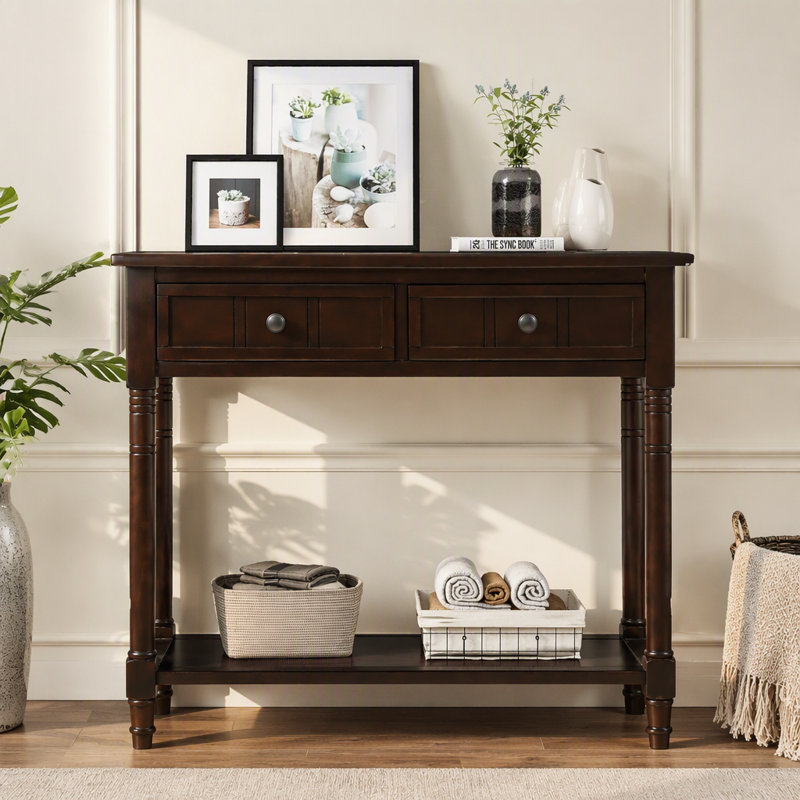 Mid century Modern Entryway Table Wood Console Table Traditional Design With 2 Drawers And Bottom Shelf, Espresso