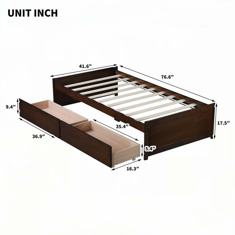 Solid Rubber Wood Bed  with 2 Drawers, Espresso