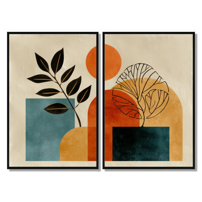«Blue and Orange Boho Minimalist Geometric Plant - Botanicals, reproduction d'art sur toile, décoration murale botanique bleue 2 pièces