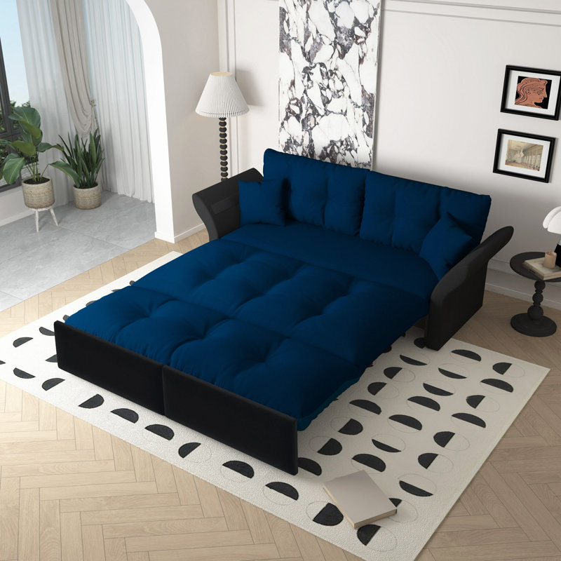 74.8" Queen Pull Out Sofa Bed - 3-In-1 Convertible Tufted Velvet Loveseat With 2 Soft Pillows​, Blue 