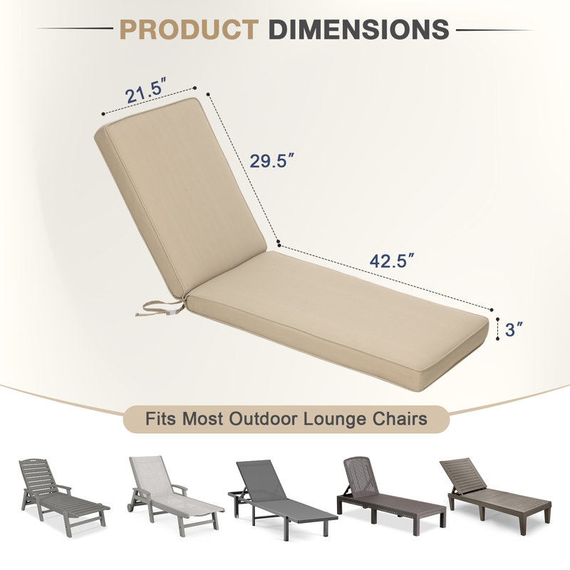  Outdoor 3" Chaise Lounge Seat Cushion with Ties, Khaki