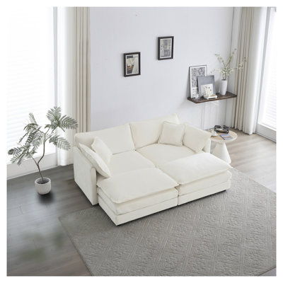 4-Piece White Chenille Modular Sectional Sofa with Ottomans, 2-Seater Loveseat Lounge Couch for Living Room