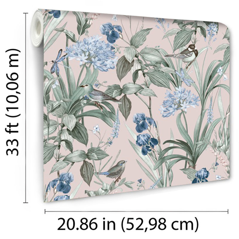 Papier peint botanique Mint Birds and Dragonflies, Rose