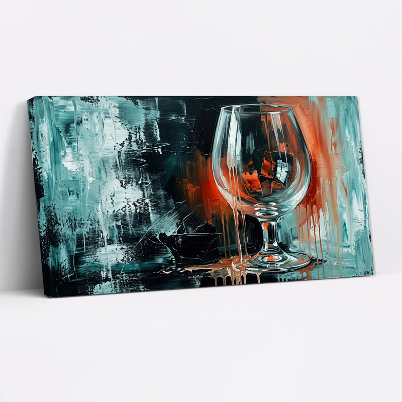 Tableau sur toile avec verre à vin orné d'orange et de turquoise, motif abstrait, L 40 po x H 20 po