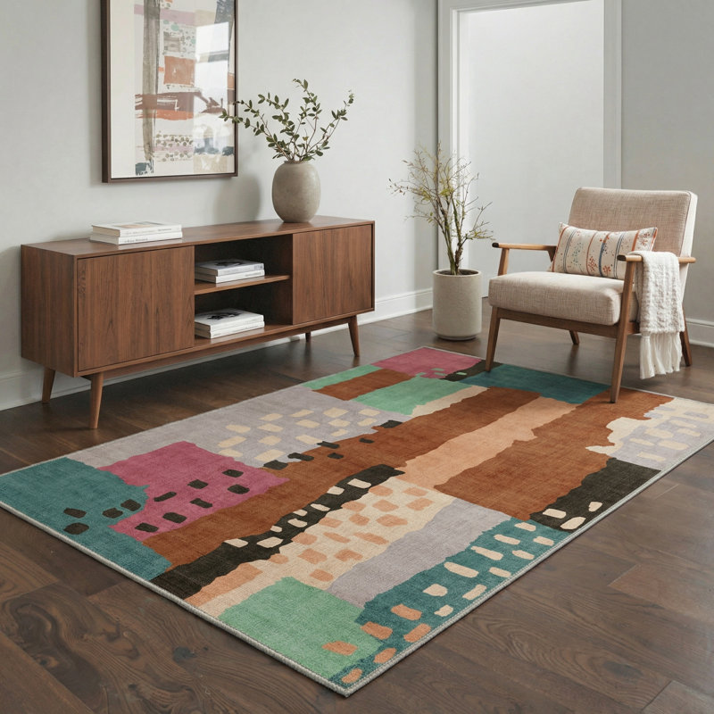 Ansal Modern Abstract Machine Washable Multiple Color Indoor Area Rug With Non-Slip Backing, Rectangle 5' x 7'