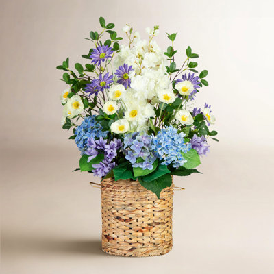 31in. Artificial Mixed Flower and Hydrangea Arrangement in Hyacinth Weave Basket