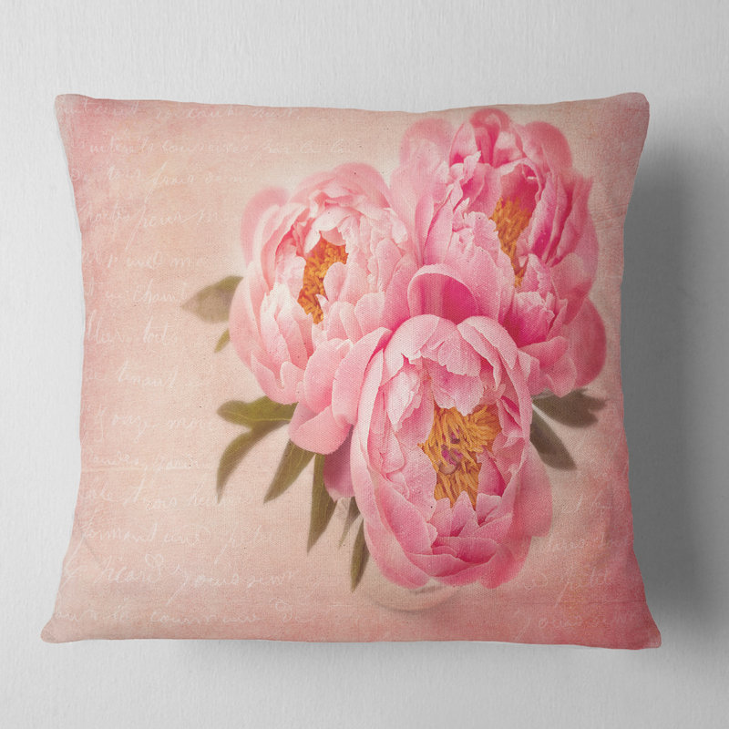 Floral Peony Flowers Against Scribbled Square Pillow Cover and Insert, 16" x 16", Throw Pillow
