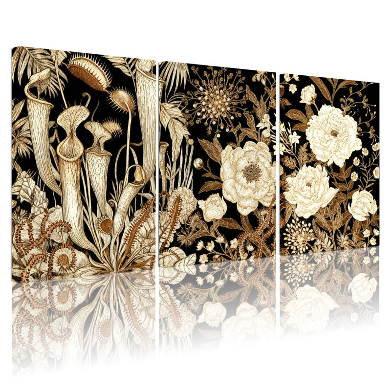 Scénario et paysages urbains, motifs floraux botaniques en or et noir, ensemble de 3 impressions sur toile, H 18 po x l 36 po