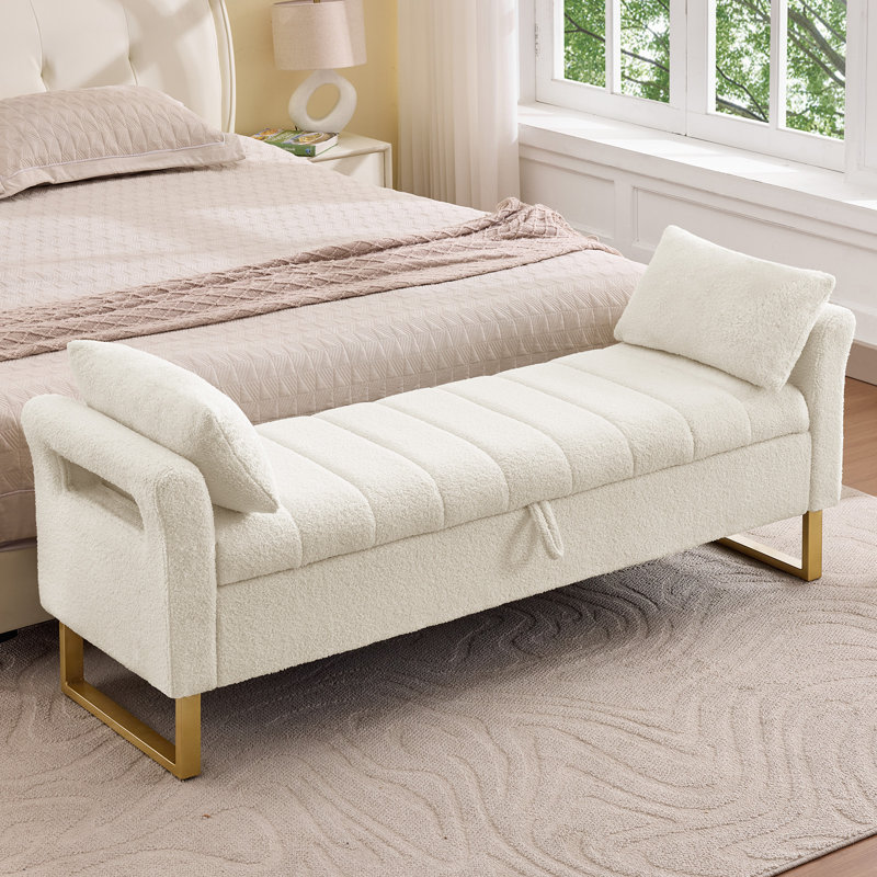 Lunara 66"W Upholstered  Teddy Bedroom Storage Bench End of Bed King Size with Gold Legs,Curverd Armrest and 2 Pillows , 67"W