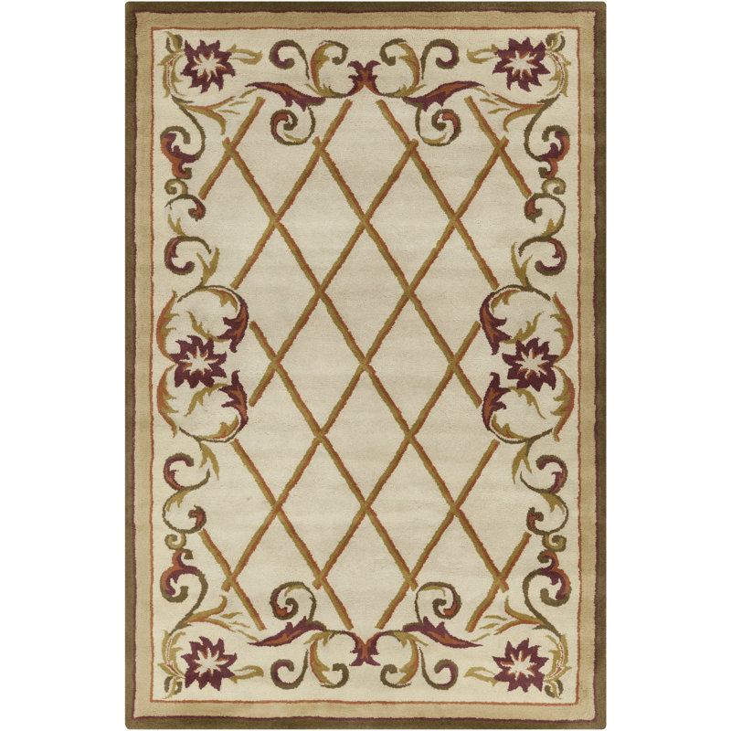 Ailey Authentic Hand-Tufted Handmade Cream, Tan, Red & Olive Green Traditional Floral Lattice Wool Area Rug